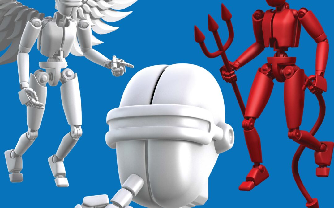 A robot with an angel and devil floating above its shoulders